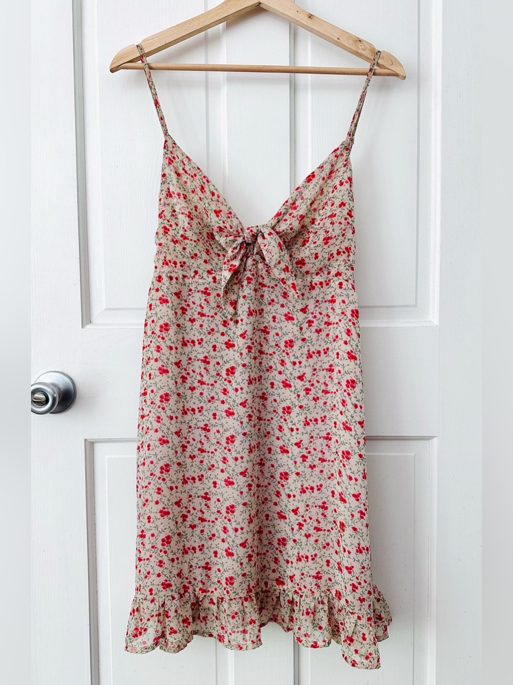 DRESS FORUM Ditsy Red Floral Tie-Front Tan Slip Dress Coquette Size M